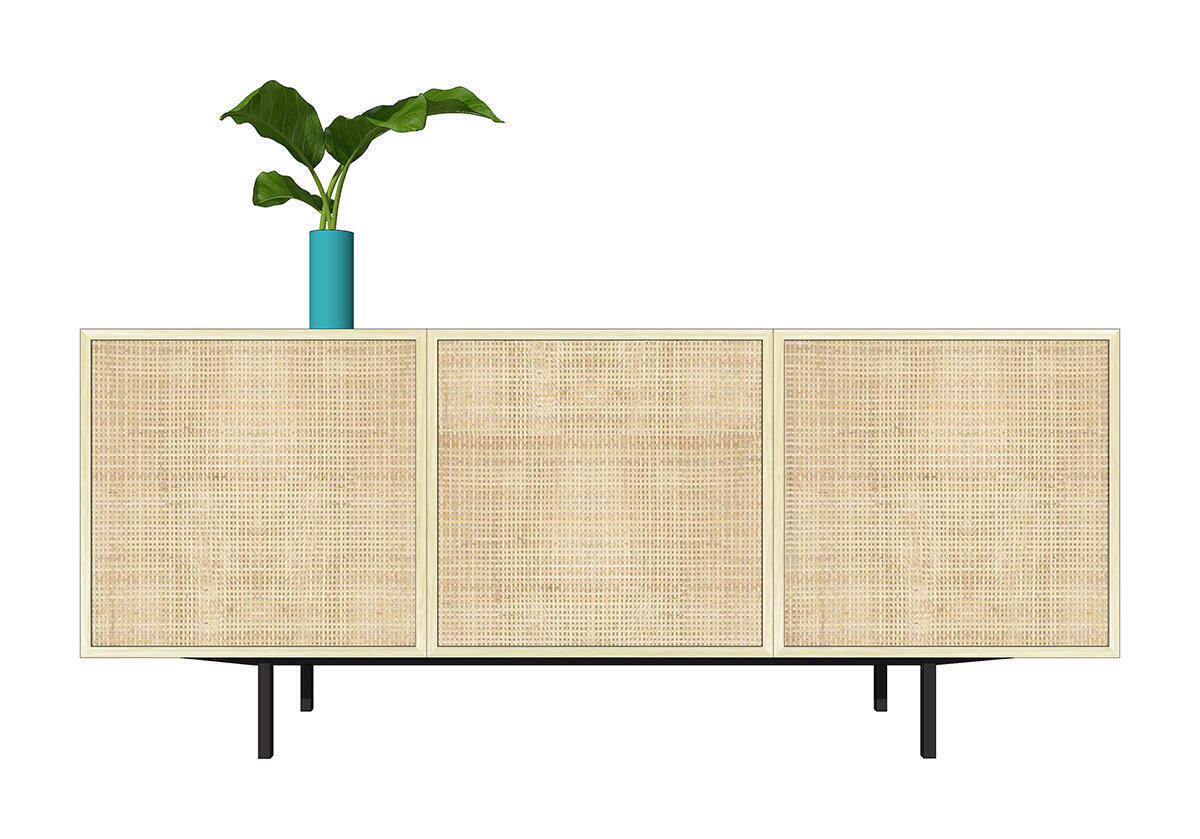 E1160_Buffet chêne blanchi bois massif et rotin 3 portes push pull pied métal bateau noir personnalisable made in bretagne fabrication artisanale pirotais