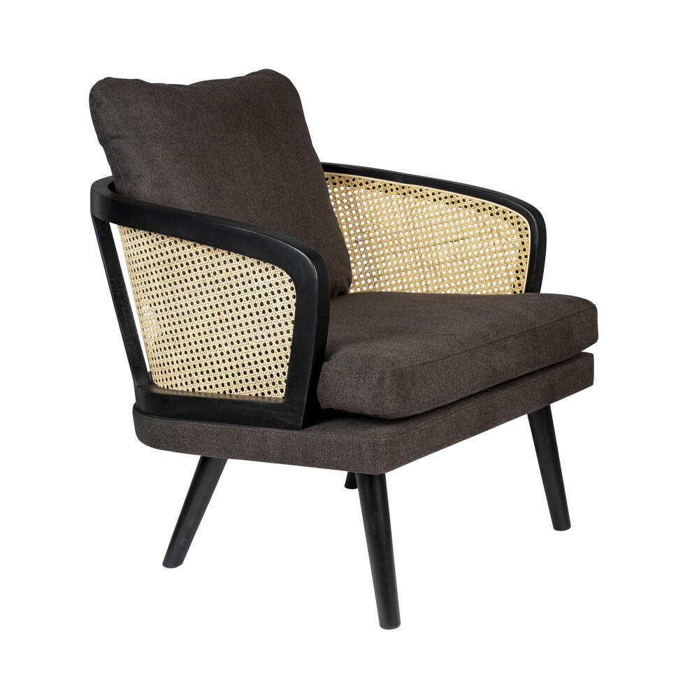 Fauteuil ZUIVER manou cannage rotin tissu gris pied bois wengé noir