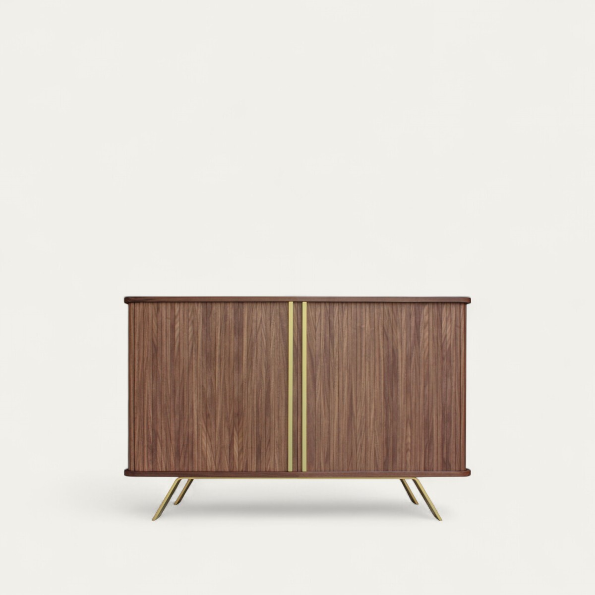 G1152_Buffet Groove Noyer naturel 2 portes rideau poignée dorée piétement métal gold métallisé sur mesure made in france Romagné Fougères