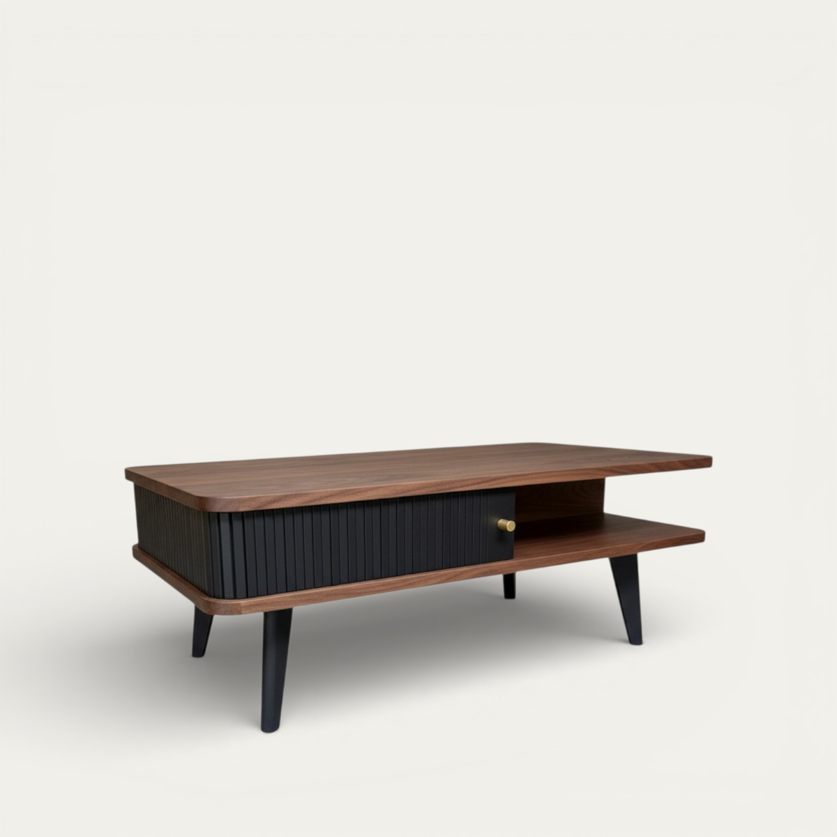 G2561_Table basse noyer naturel et wengé noir porte rideau personnalisable made in bretagne Rennes