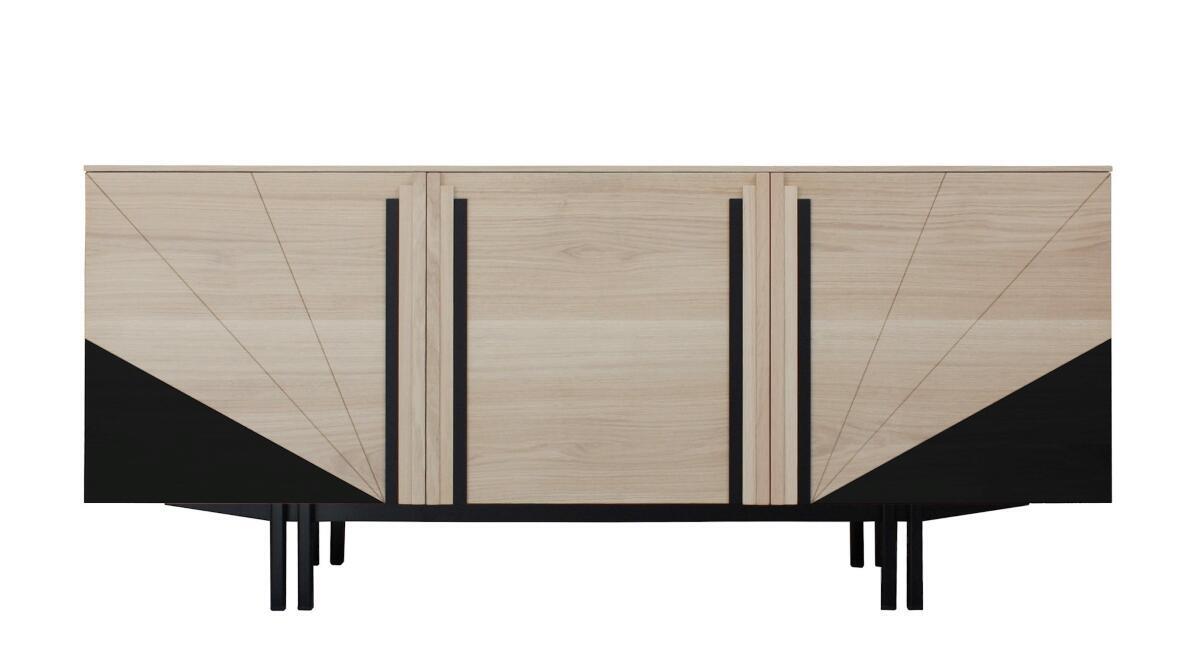 GA1155_Buffet 3 portes_GATSBY chêne blanchi et wengé noir pied métal bateau doublé stries sur portes baguettes en surépaisseur made in France sur axe Rennes Avranches