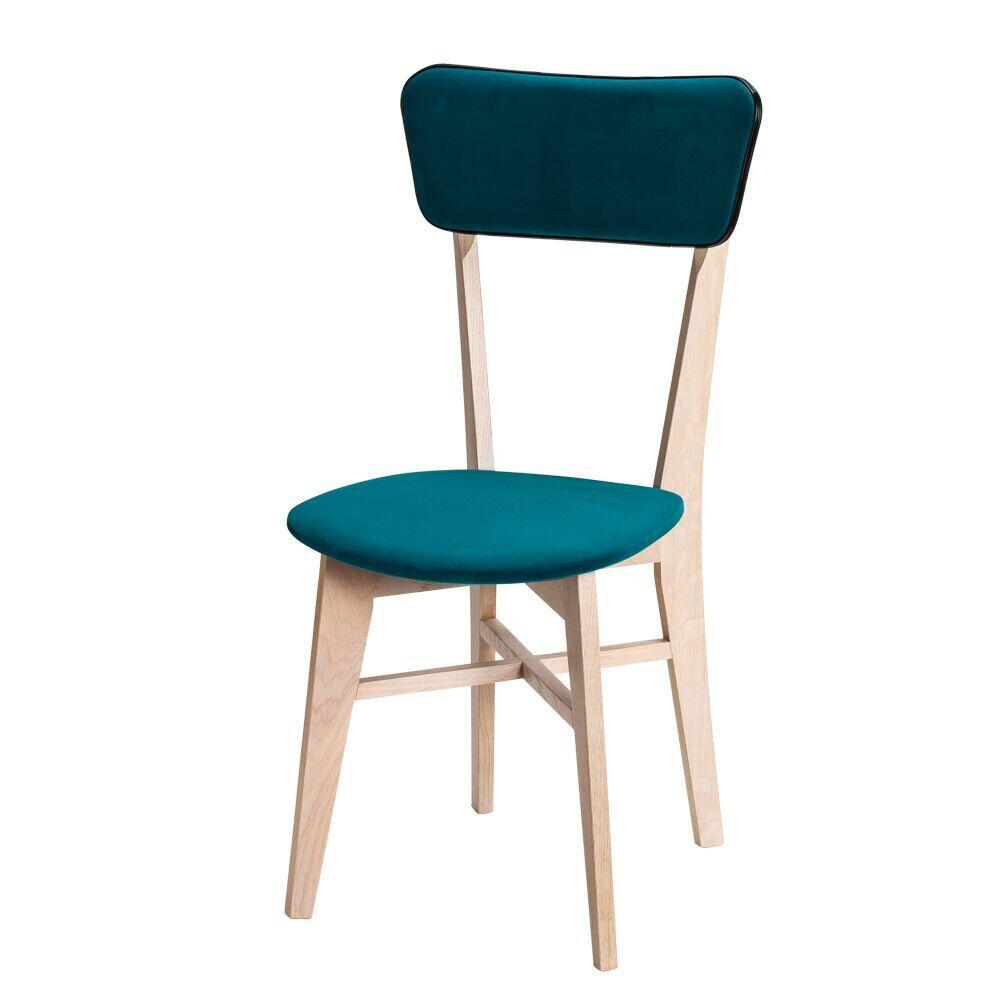 LELRET chaise rétro vintage tissu bleu simili noir piétement en chêne bois massif personnalisable made in france