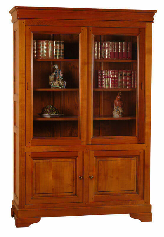 LP177 Bibliothèque Vitrine bas 2 portes haut 2 portes vitrées coulissantes Louis Philippe Merisier massif