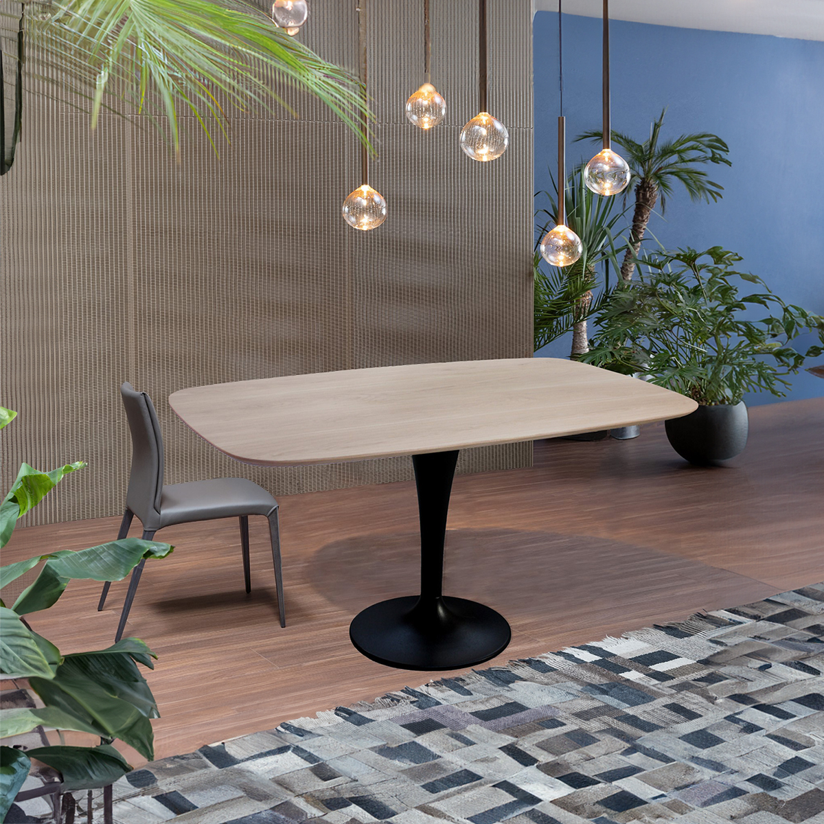 M1703 décor_table ovale slim plateau biseauté chêne blanchi bois massif pied métal tulipe noir sur mesure personnalisable made in bretagne pirotais meubles 1200