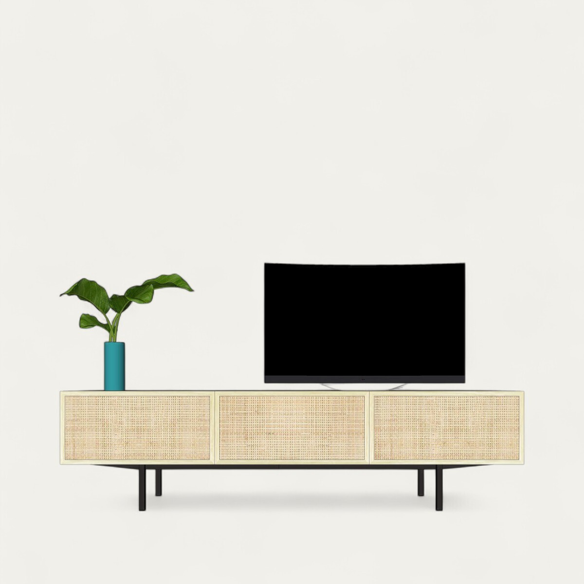 meuble-tv-chene-blanchi-bois-massif-et-rotin-pied-metal-sur-mesure