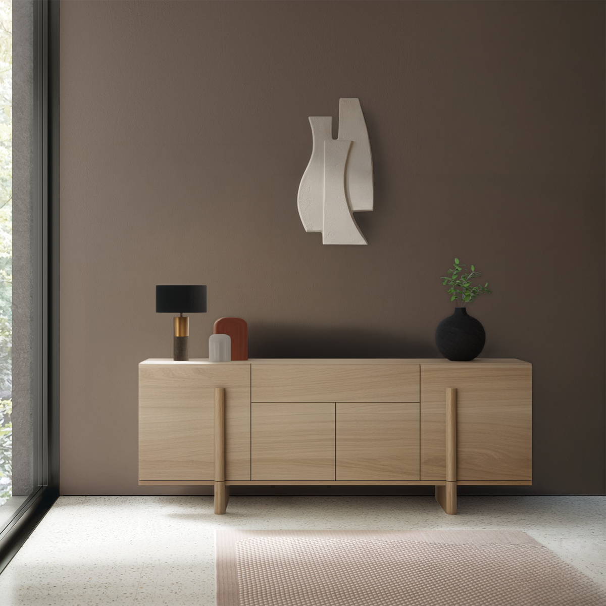 N2271 Buffet Nova 4 portes 1 tiroir chêne blanchi pied arrondi en façade