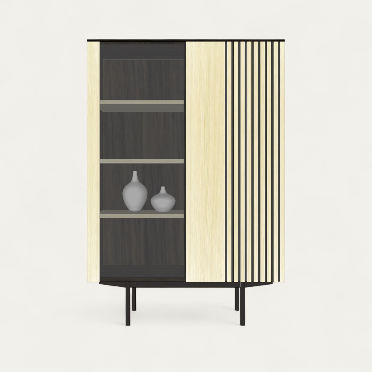 T3484_Armoirette vitrine 1 porte vitrée 1 porte tasseaux CHENE blanchi et wengé noir pied métal bateau noir sur mesure