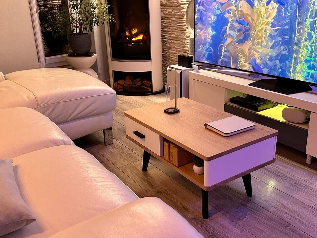 Table basse cooper sur mesure chêne blanchi et laqué blanc 2 tiroirs sur coulisses ralentisseurs made in Bretagne