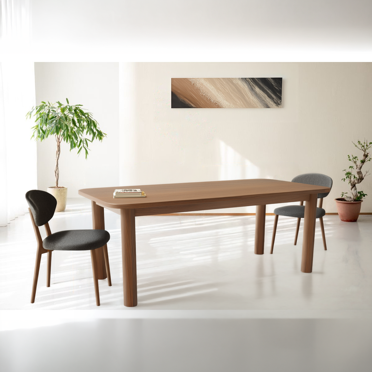 Table Nova2 châtaignier teinté noyer pied rond coins arrondis 1 allonge made in bretagne sur mesure 1200