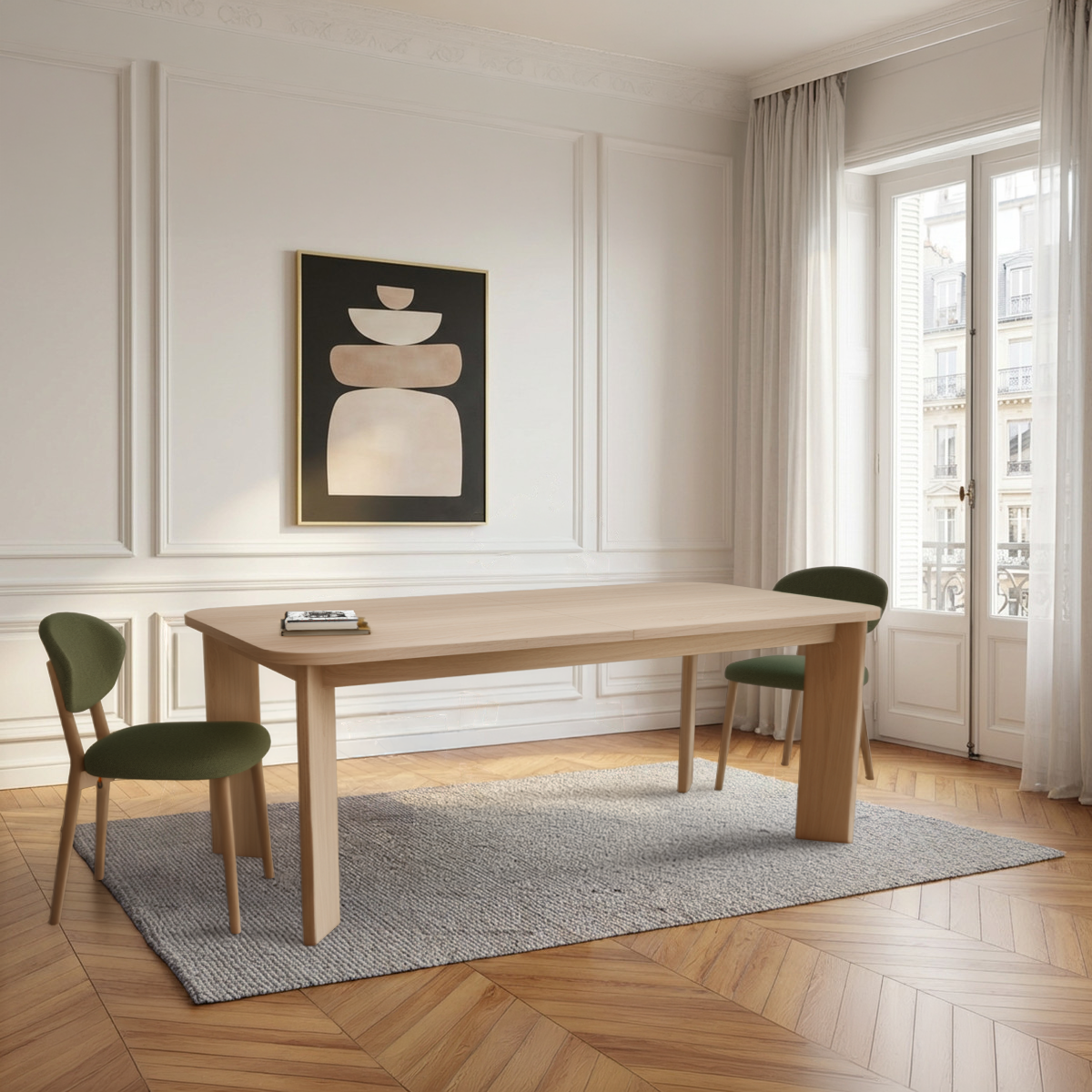 Table Nova1 chêne blanchi pied oblong allonge papillon au milieu sur mesure