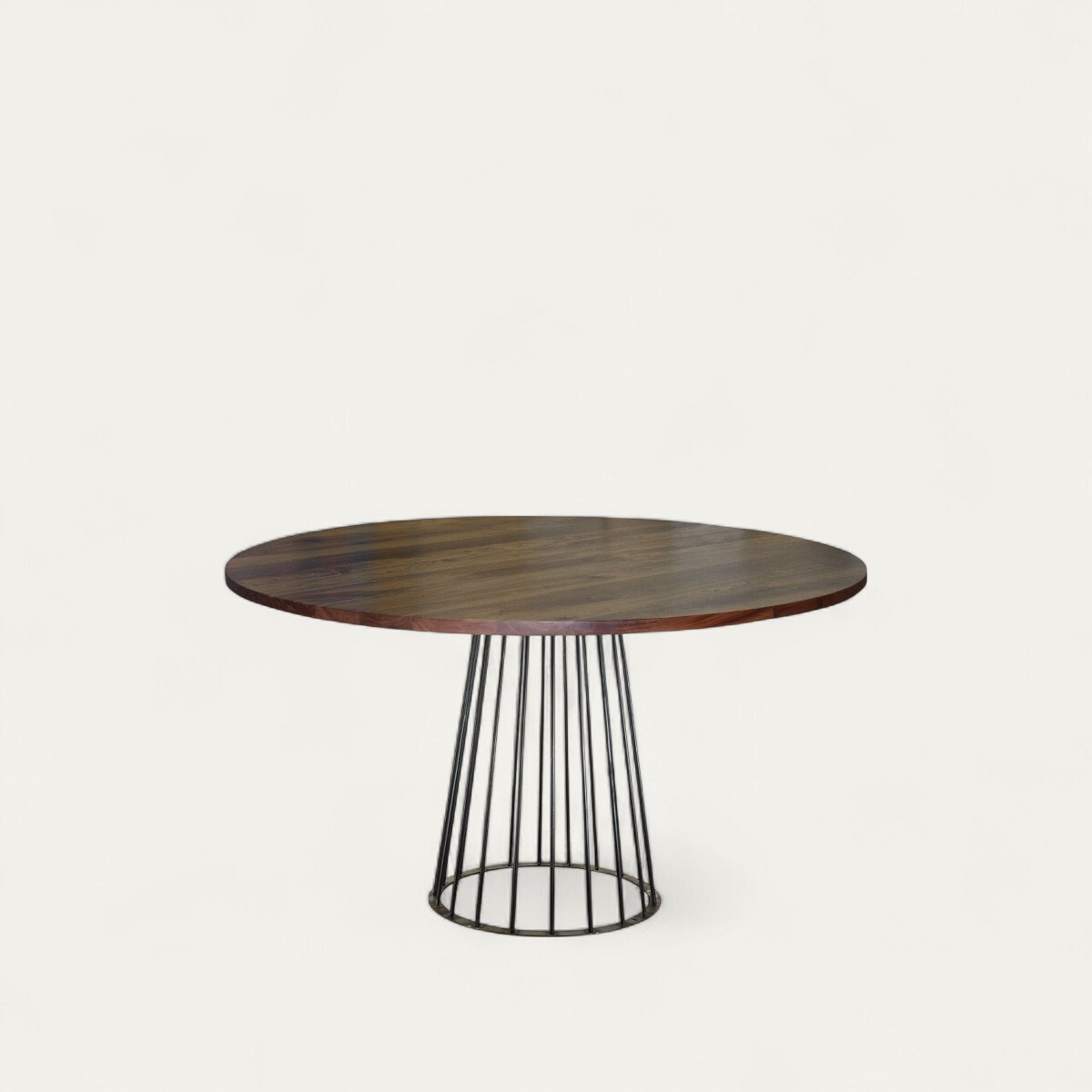 Table Noyer bois massif chant droit pied métal central conique épingle fabrication française sur mesure