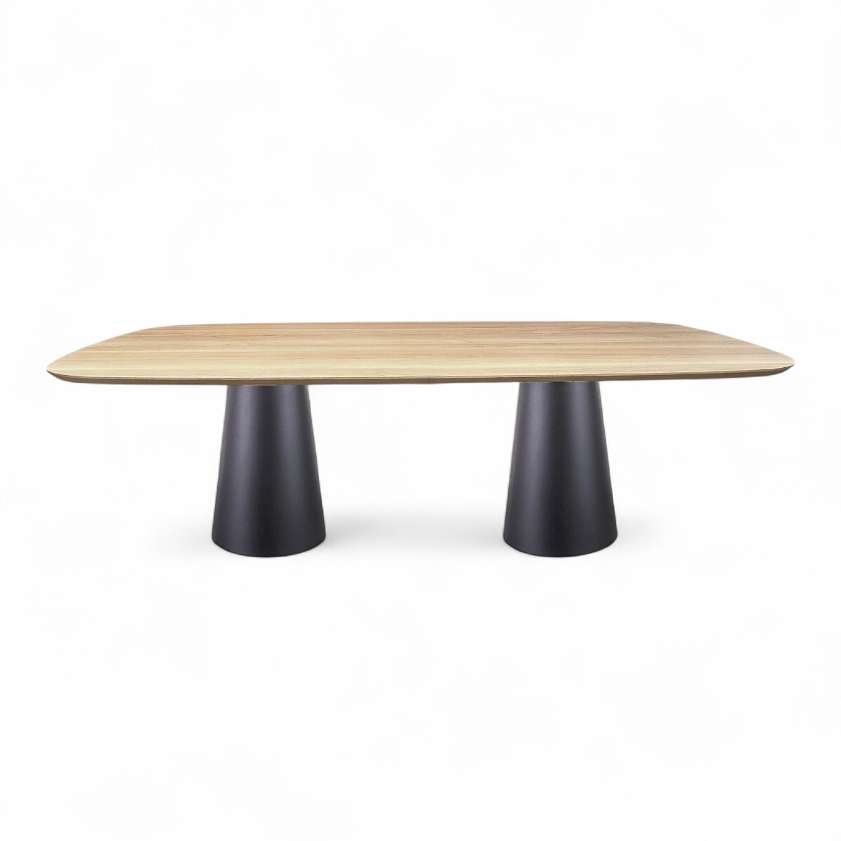 Table ovale 250 plateau chêne blanchi biseauté pied cone forme champignon métal noir sur mesure made in france
