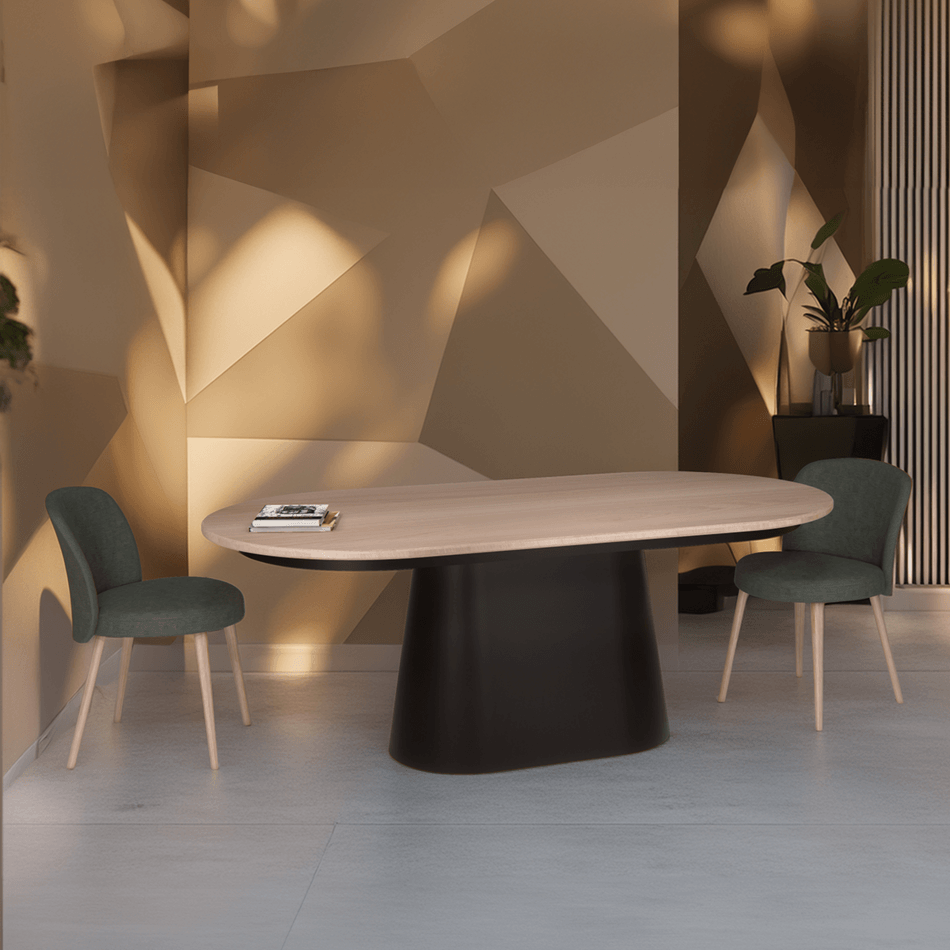 Table ovale forme oblongue chêne blanchi pied conique ovale métal noir sur mesure made in france