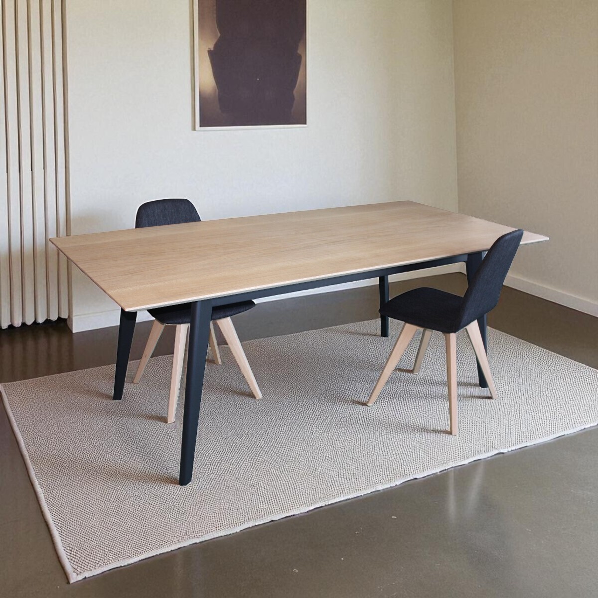 Table vintage 1 allonge chêne blanchi et laqué noir effet métal made in bretagne