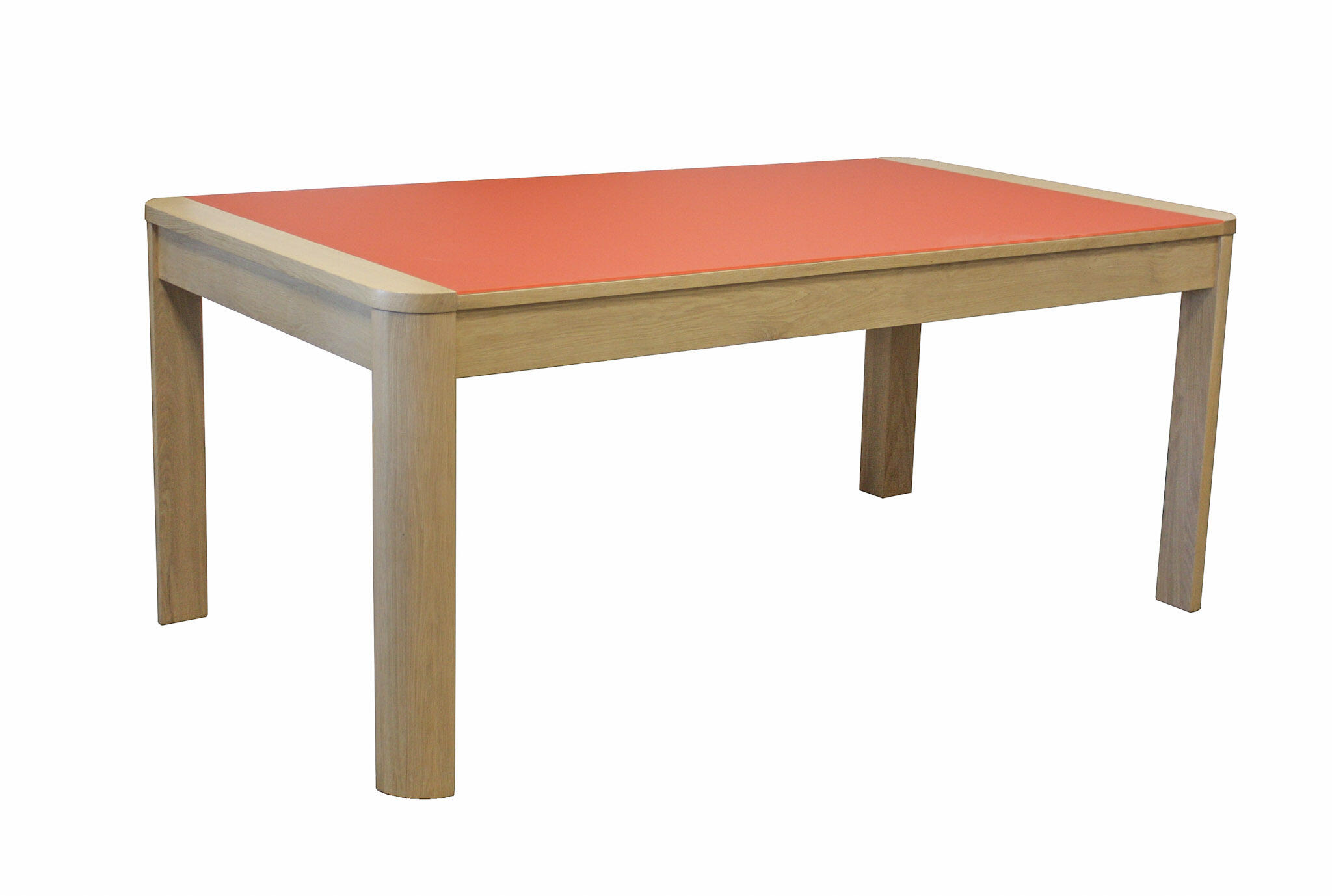 Table rétro chêne blanchi et verre dépoli rouge bois massif 1 allonge intégrée pied en arrondi made in Bretagne