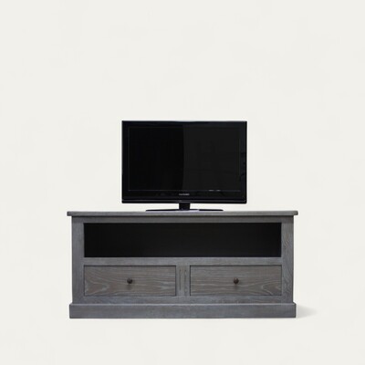 02240_buffet TV création roma chêne défibré flotté 2 tiroirs 1 niche dessus débordant socle plinthe made in bretagne