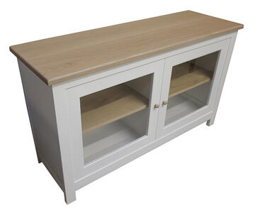 11150_buffet chêne blanchi et laqué 2 portes vitrées intérieur étagères réglables sur crémaillères bois bouton rond personnalisable fabrication francçaise