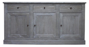 11262R Buffet 3 portes 3 tiroirs chêne défibré grisé patiné ivoire romantique charme bois massif