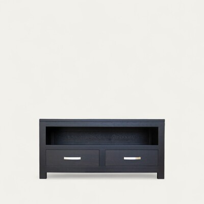 12240_buffet tv chêne wengé noir bois massif 2 tiroirs 1 niche sur mesure