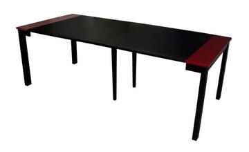 12400 Console extensible 4 allonges 4 pieds chêne wengé noir & dessus laqué rouge dépliée