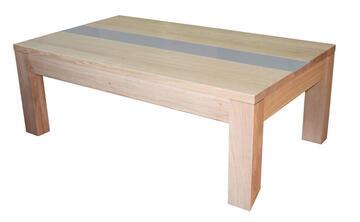 12562 Table basse 2 tiroirs dessus de fil - chêne blanchi & chemin verre laqué gris
