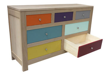 13361_commode création chêne blanchi bois massif et laqué multicolore made in Bretagne personnalisable Pirotais tiroir ouvert