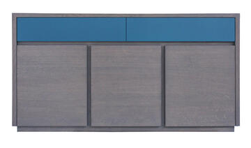 21265_buffet 3 portes 2 tiroirs ralentisseurs chêne grisé laqué bleu bois massif made in Bretagne Pirotais Romagné