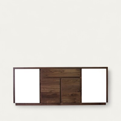 21271_Buffet enfilade solstis 4 portes 1 tiroir noyer naturel et laqué blanc socle en retrait