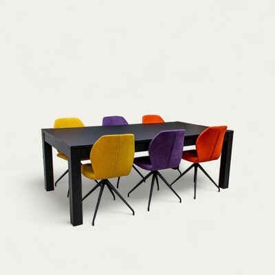 21580_Table rectangulaire solstis fénix noir pied hêtre laqué noir effet métal fabriqué en Bretagne chaise tissu aqua clean mystic jaune moutarde aubergine orange