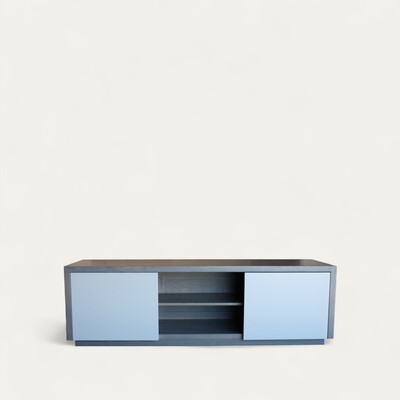 22260_buffet tv socle en retrait 2 portes 1 niches chêne gris galet et laqué sur mesure fabrication française