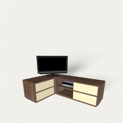 22270a-meuble tv en angle 4 tiroirs noyer naturel laque vanille sur mesure