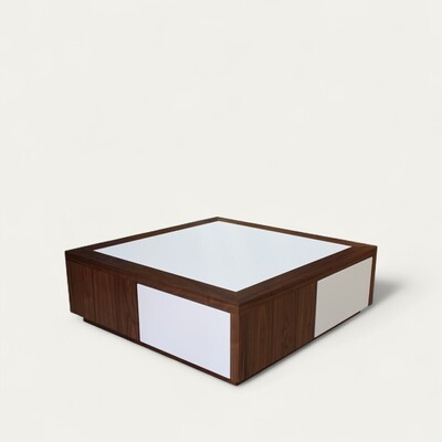 22509_table basse Solstis Noyer naturel bois massif laqué vanille et corian 4 tiroirs push pull en étoile roulettes multidirectionnelles-