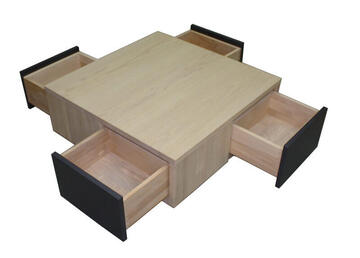 22510 Table basse 4 tiroirs étoile Chêne blanchi (bois massif) et laqué noir mat sur roulettes sur mesure moderne ouverte