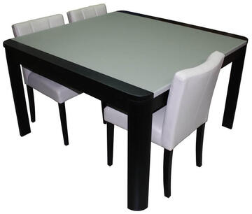 31551 Table de repas carrée RETRO chêne wengé noir et dessus verre taupe dépoli mat 1 allonge en bout bois massif fabrication française Pirotais meubles