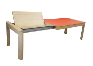 31570_Table rétro chêne blanchi et verre dépoli rouge bois massif 1 allonge intégrée pied en arrondi made in Bretagne