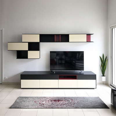 40001_Composition TV slim buffet bas tirois niche élément suspendu alvéoles ouvertes coulissants laqué noir vanille rouge fabriqué en Bretagne Pirotais Romagné