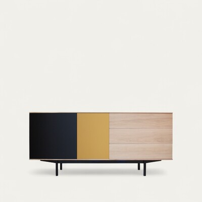 41163_buffet slim 2 portes asymétriques 3 tiroirs chêne blanchi et laqué curry et balustrade pied métal bateau personnalisable made un France