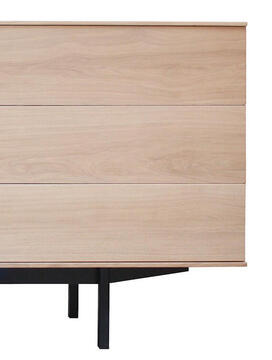 41163d_buffet slim 2 portes asymétriques 3 tiroirs chêne blanchi et laqué curry et balustrade pied métal bateau personnalisable made un France