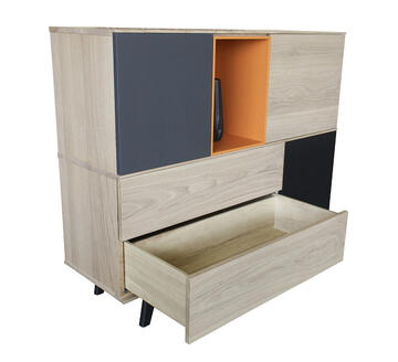 41290_buffet chêne blanchi laqué gris acier et orange 3 portes 2 tiroirs push pull pied vintage sur mesure personnalisable made in France Pirotais