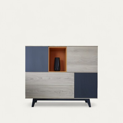 41290_buffet vaisselier chêne blanchi laqué gris acier et orange 3 portes 2 tiroirs push pull pied vintage sur mesure personnalisable made in France Pirotais