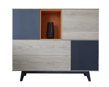41290_buffet vaisselier chêne blanchi laqué gris acier et orange 3 portes 2 tiroirs push pull pied vintage sur mesure personnalisable made in France Pirotais
