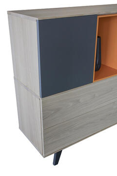 41290d_buffet chêne blanchi laqué gris acier et orange 3 portes 2 tiroirs push pull pied slim vintage sur mesure personnalisable made in France Pirotais