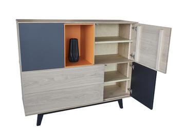 41290d_buffet chêne blanchi laqué gris acier et orange 3 portes 2 tiroirs push pull pied vintage sur mesure personnalisable made in France Pirotais