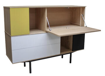 41300_Vaisselier 3 porte 2 tiroirs_SLIM chêne blanchi laqué  jaune moutarde gris acier tourterelle pied métal bateau sur mesure fabrication française Pirotais