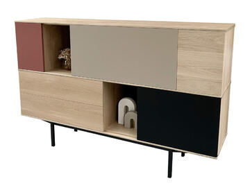 41310_Vaisselier 3 portes 2 tiroirs_SLIM chêne blanchi laqué  sienne brulée café latté pied métal bateau noir sur mesure fabrication française