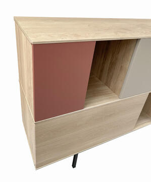 41310d_Vaisselier 3 portes 2 tiroirs_SLIM chêne blanchi laqué  sienne brulée café latté pied métal bateau sur mesure fabrication française