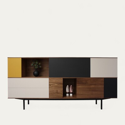 41315_vaisselier 5 portes 2 niches 1 abattant 2 tiroirs noyer naturel bois massif laqué jaune moutarde tourterelle balustrade pied métal bateau design fabrication sur mesure bretagne pirotais