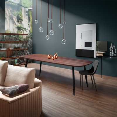 41831S_Table ovale design Noyer naturel bois massif pied fuseau conique métal noir plateau biseauté sur mesure made in bretagne 1200