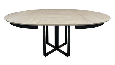 41931_Table ronde chêne blanchi massif pied central métal trombone 1 allonge papillon fabrication française