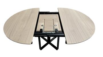 41931_Table ronde chêne blanchi pied central métal trombone 1 allonge papillon made in bretagne sur mesure